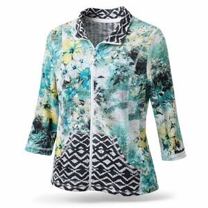 Onque Casuals Zipper Front Shirt/Jacket Small 3/4 Sleeves Textured Lightweight